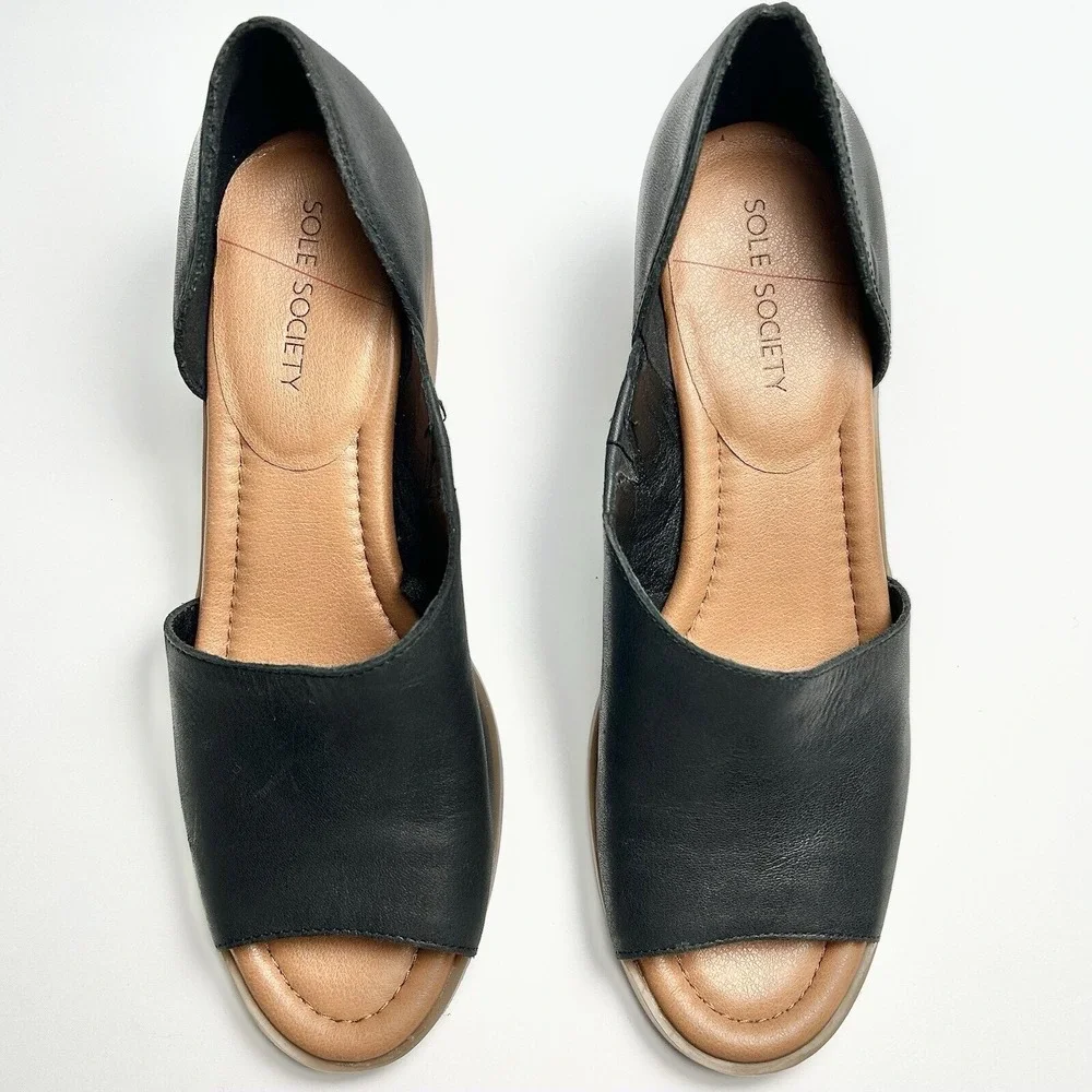 Sole Society NWOT Ramilia Black Leather Block Heel‎ Open Toe Shoe Women 9.5